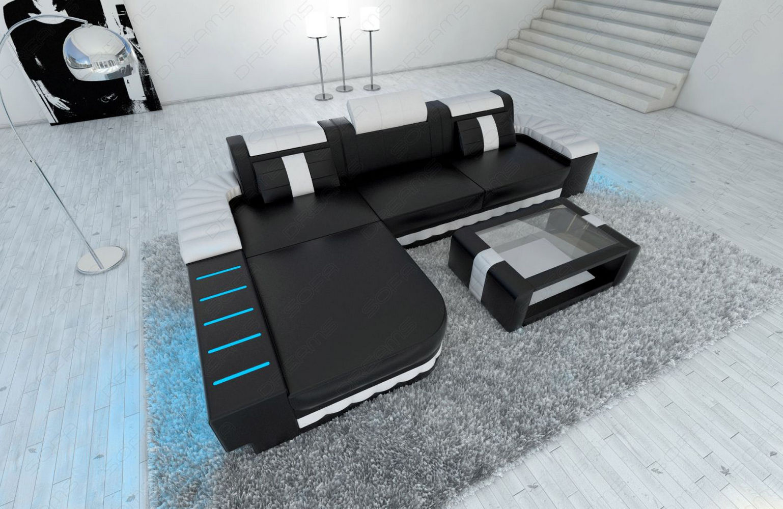 Mini Designersofa Bellagio Led L-Form – Komfort Pur Schwarz-Weiß