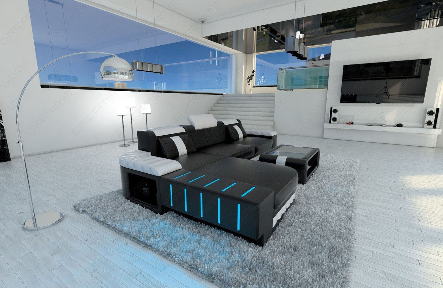 Mini Designersofa Bellagio Led L-Form – Komfort Pur Schwarz-Weiß
