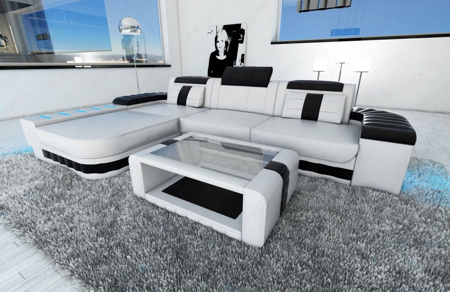 Mini Couch Bellagio L-Form in Leder Weiß-Schwarz