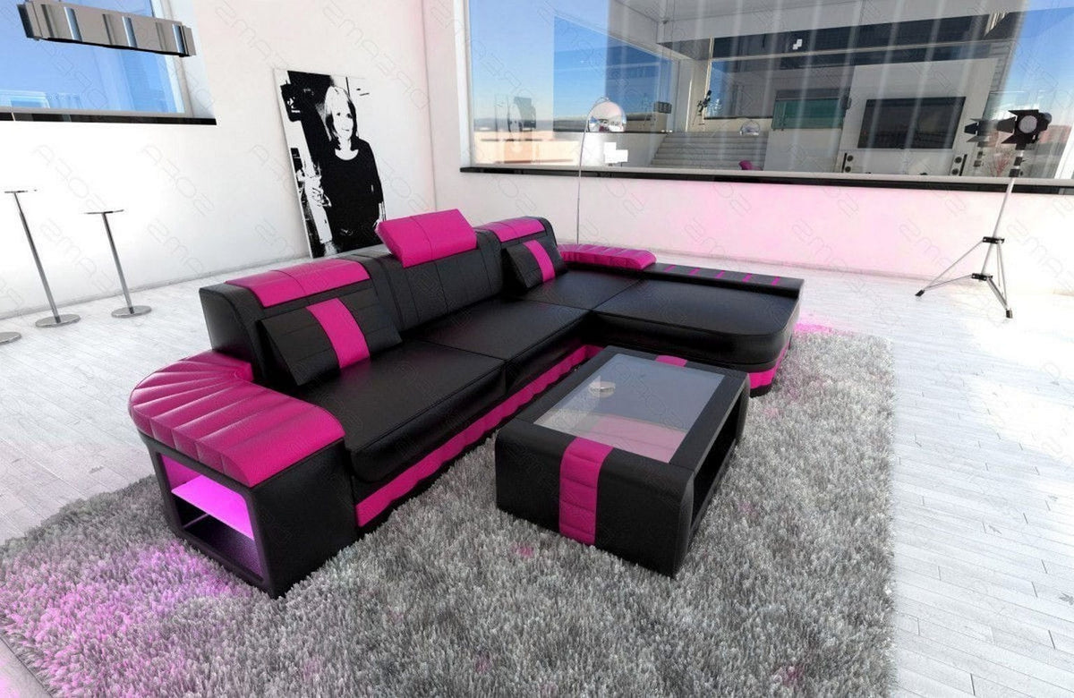 Mini Couch Bellagio L-Form in Leder Schwarz-Pink