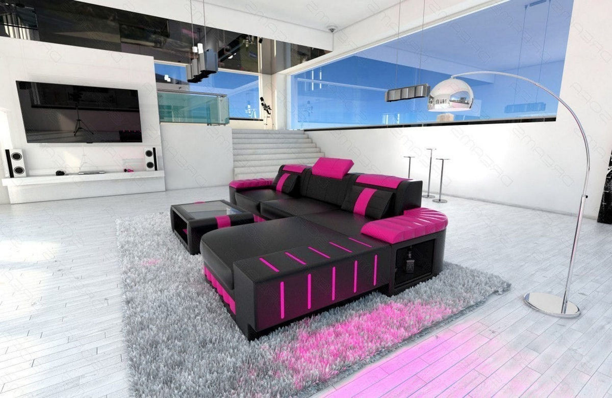 Mini Couch Bellagio L-Form in Leder Schwarz-Pink