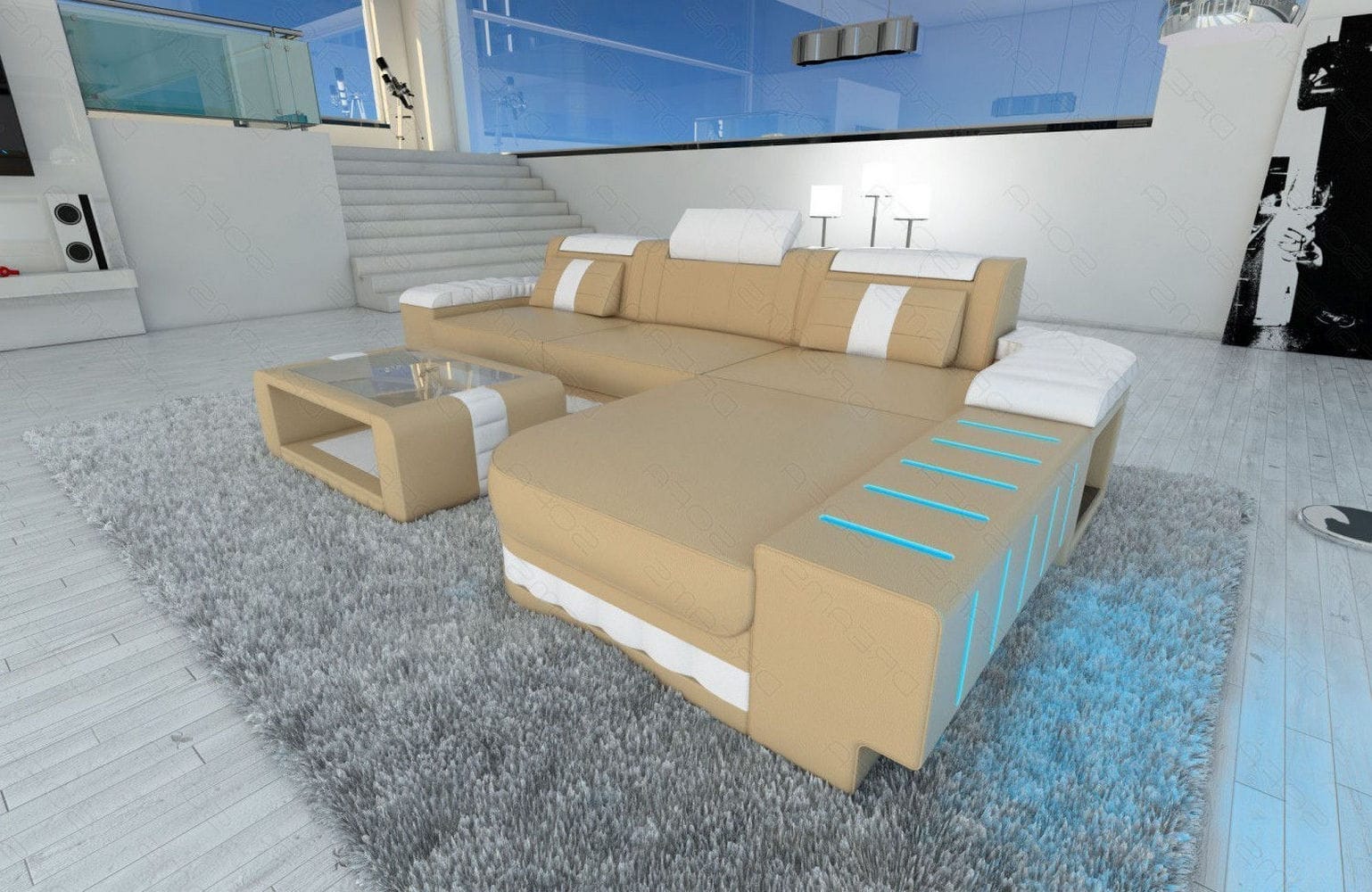 Mini Couch Bellagio L Form in Leder sandbeige-weiß