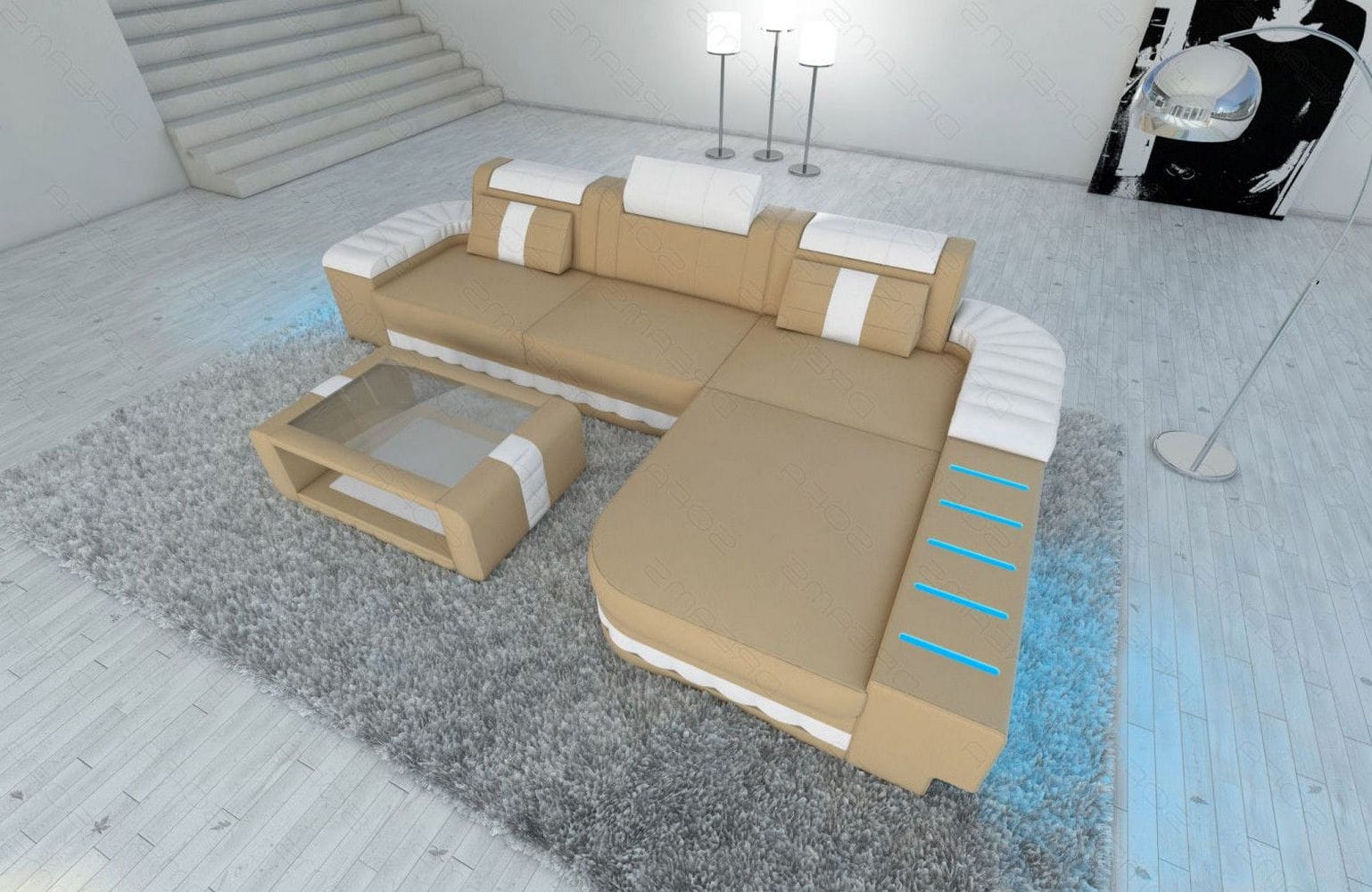 Mini Couch Bellagio L Form in Leder sandbeige-weiß
