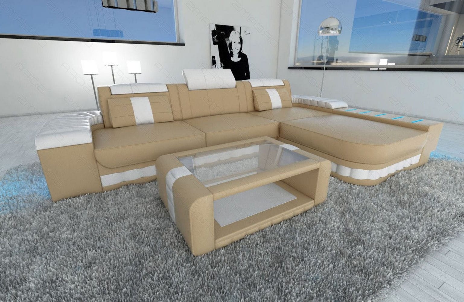 Mini Couch Bellagio L Form in Leder sandbeige-weiß