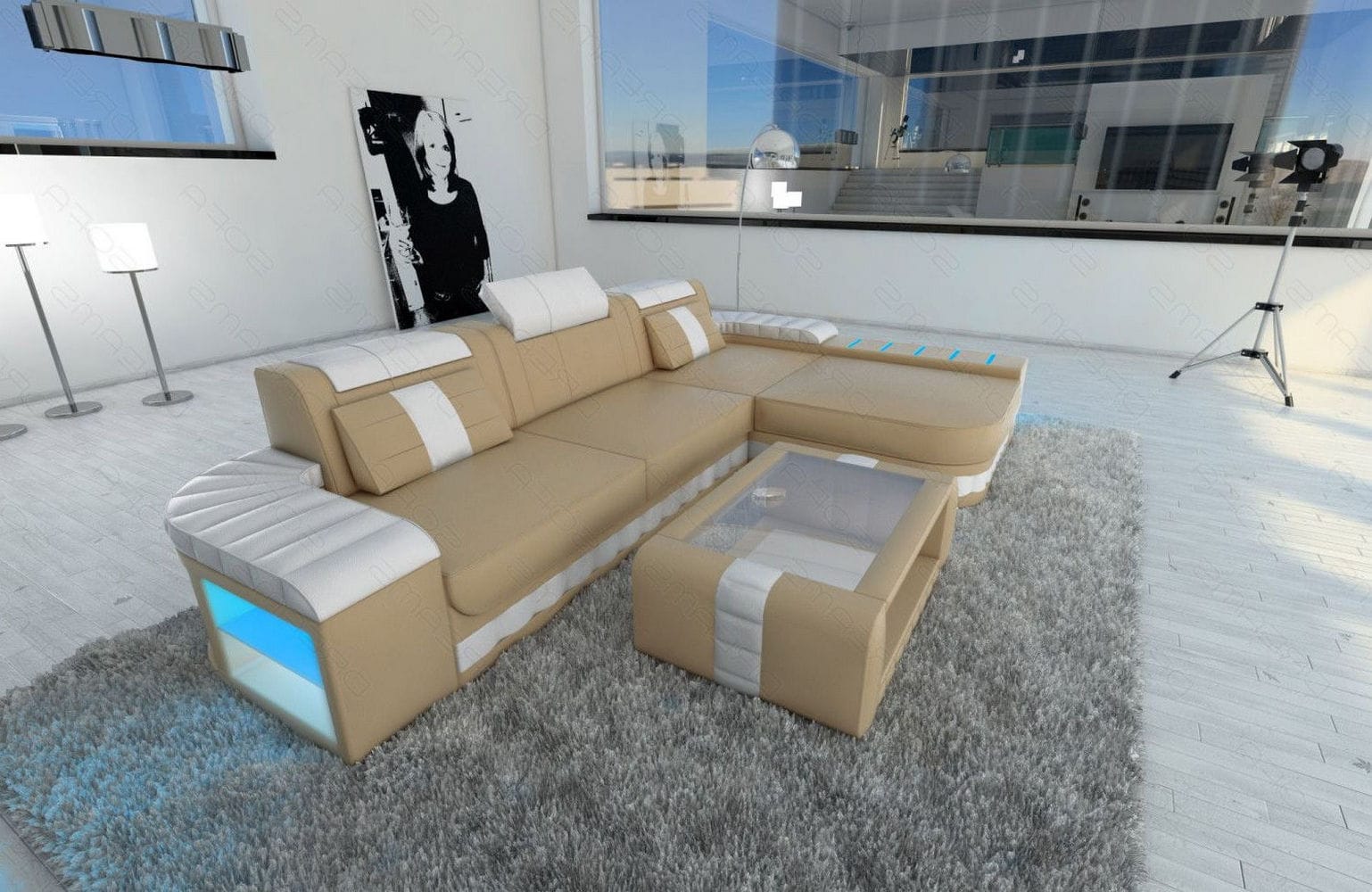 Mini Couch Bellagio L Form in Leder sandbeige-weiß