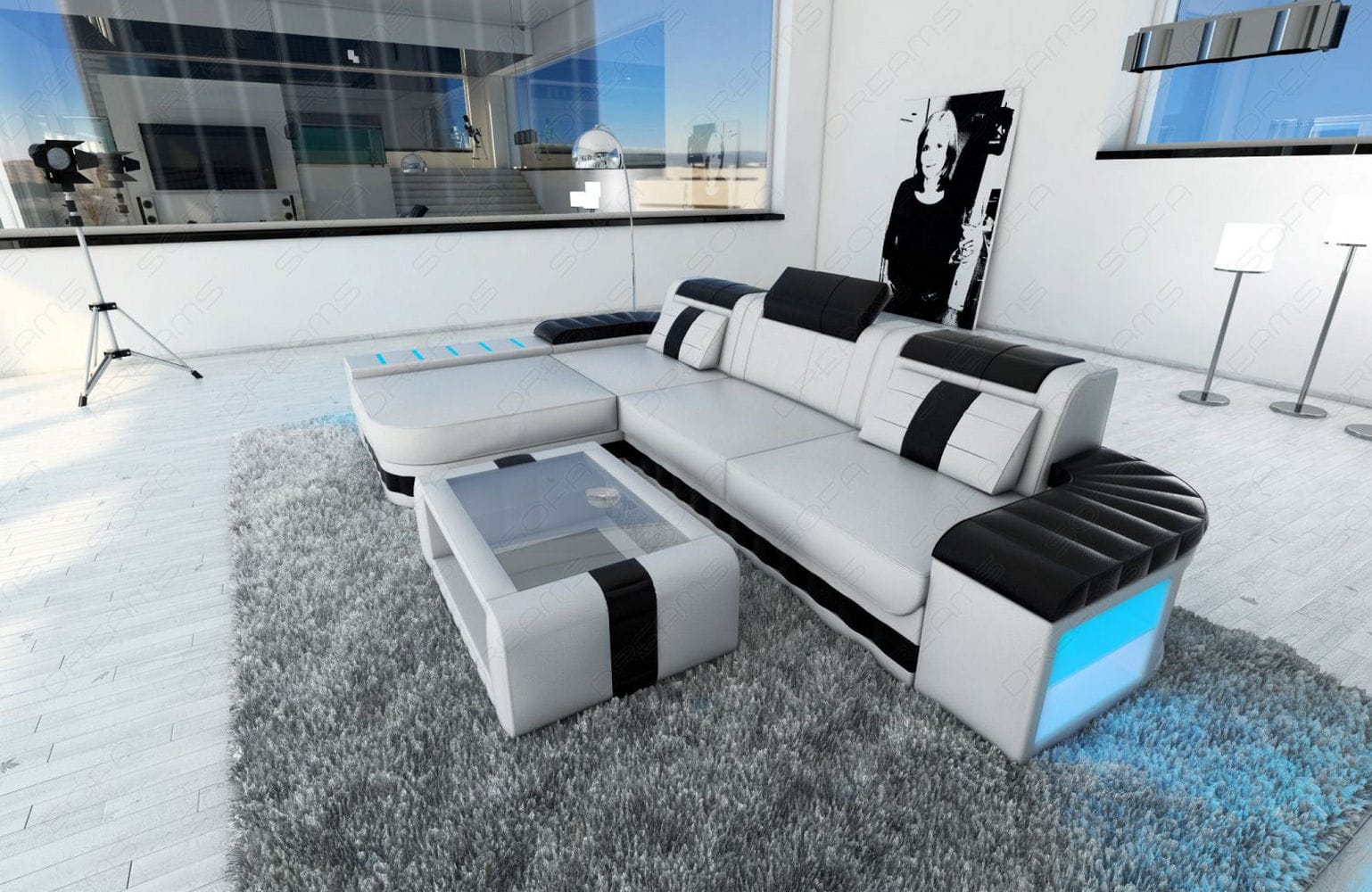 Ecksofa Bellagio L Form weiß-schwarz