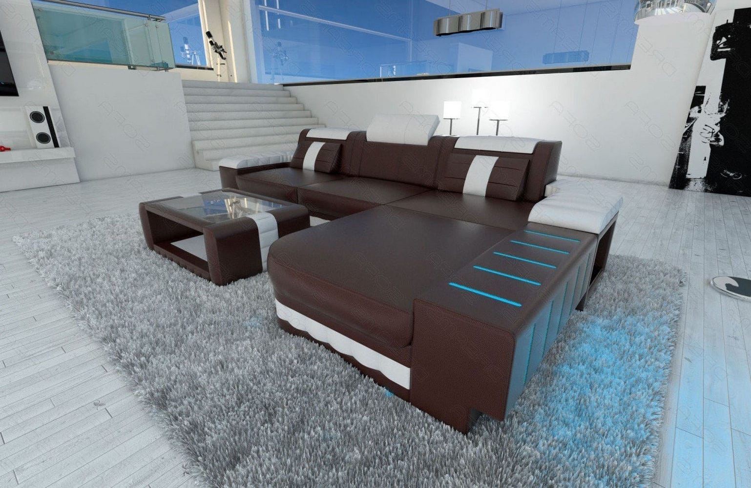 Designersofa Bellagio L-Form mit LED dunkelbraun-weiß