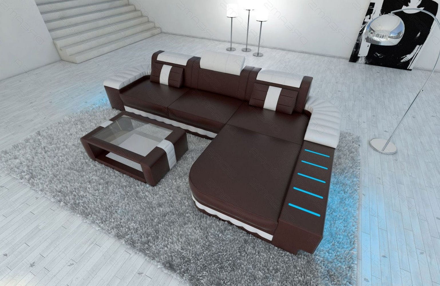 Designersofa Bellagio L-Form mit LED dunkelbraun-weiß