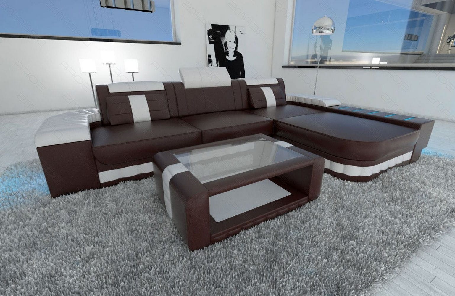 Designersofa Bellagio L-Form mit LED dunkelbraun-weiß