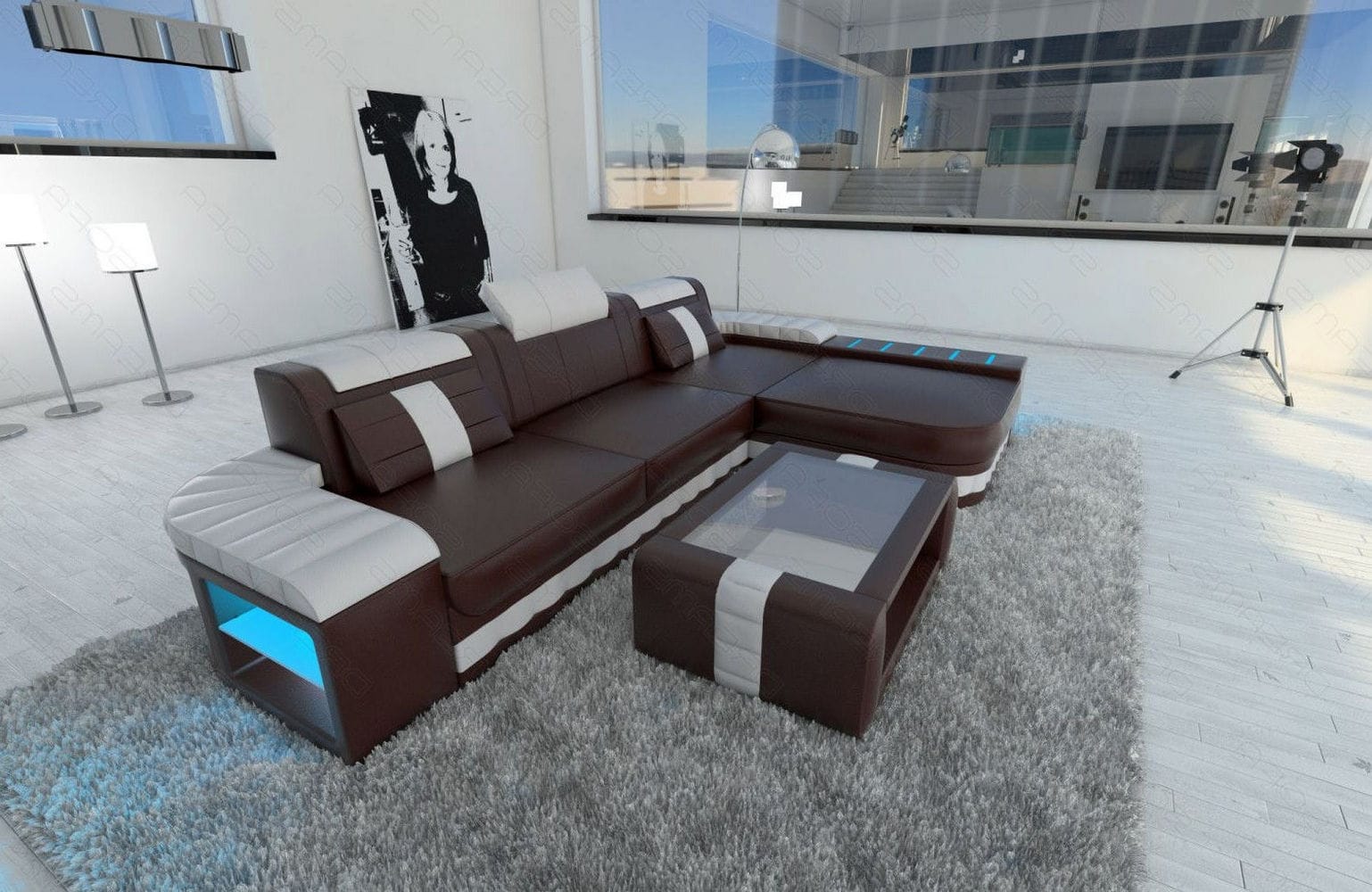 Designersofa Bellagio L-Form mit LED dunkelbraun-weiß