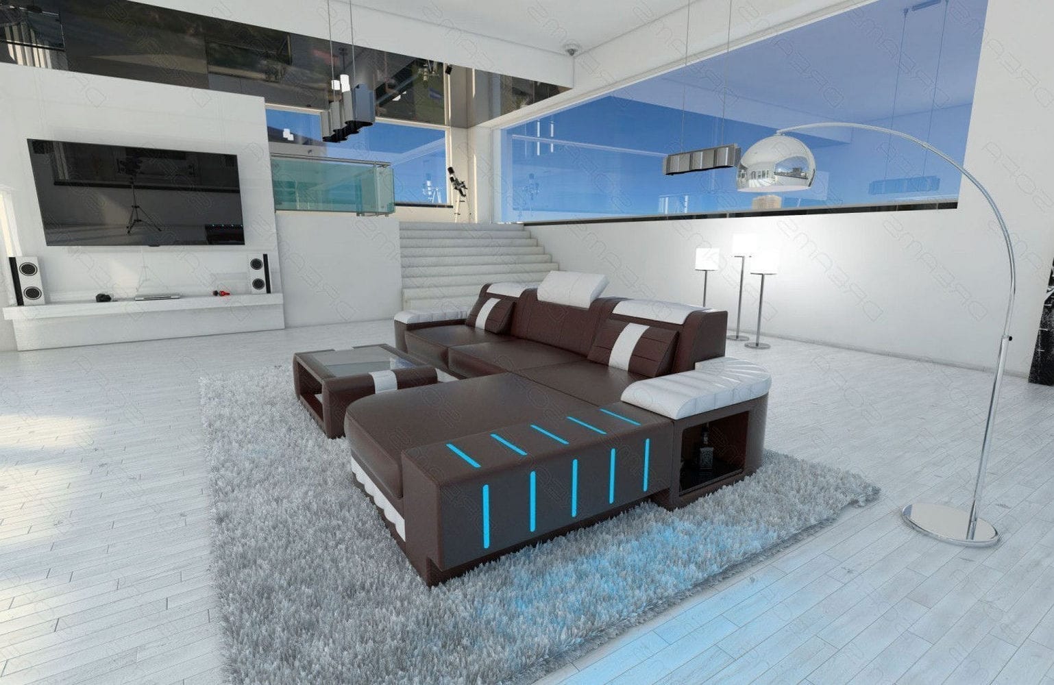 Designersofa Bellagio L-Form mit LED dunkelbraun-weiß