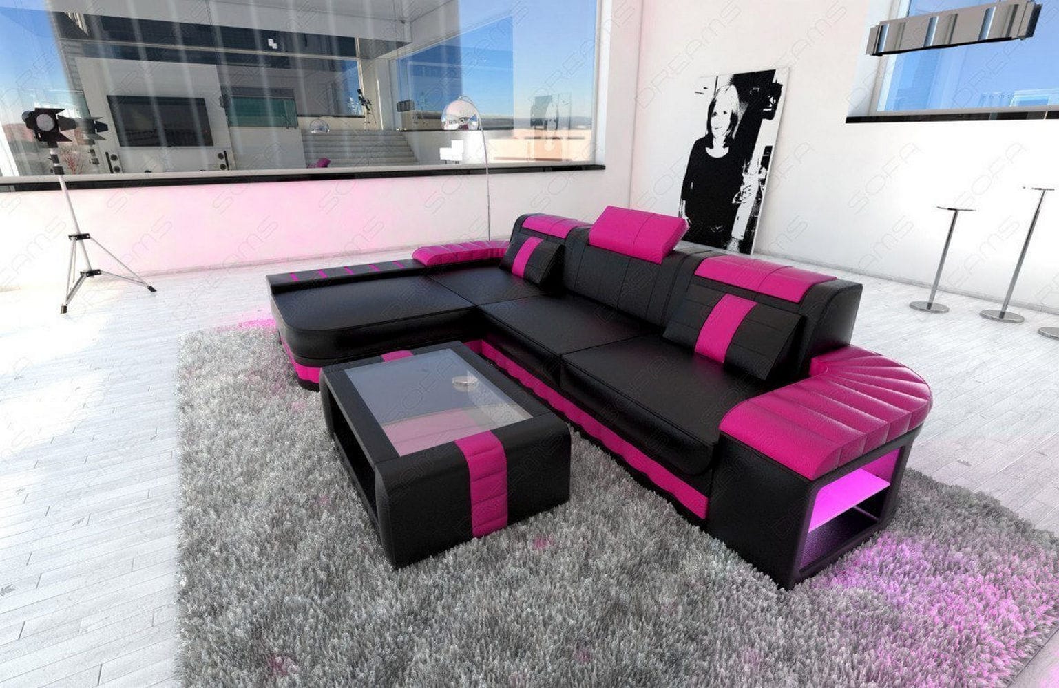 Ecksofa Bellagio L Form schwarz-pink