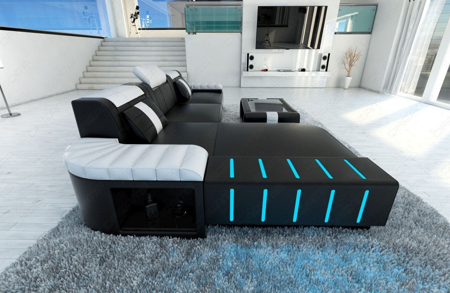 Designersofa Bellagio L-Form mit LED schwarz-weiß