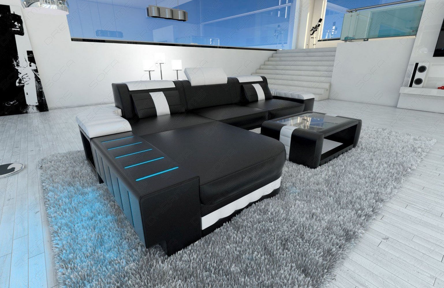 Designersofa Bellagio L-Form mit LED schwarz-weiß