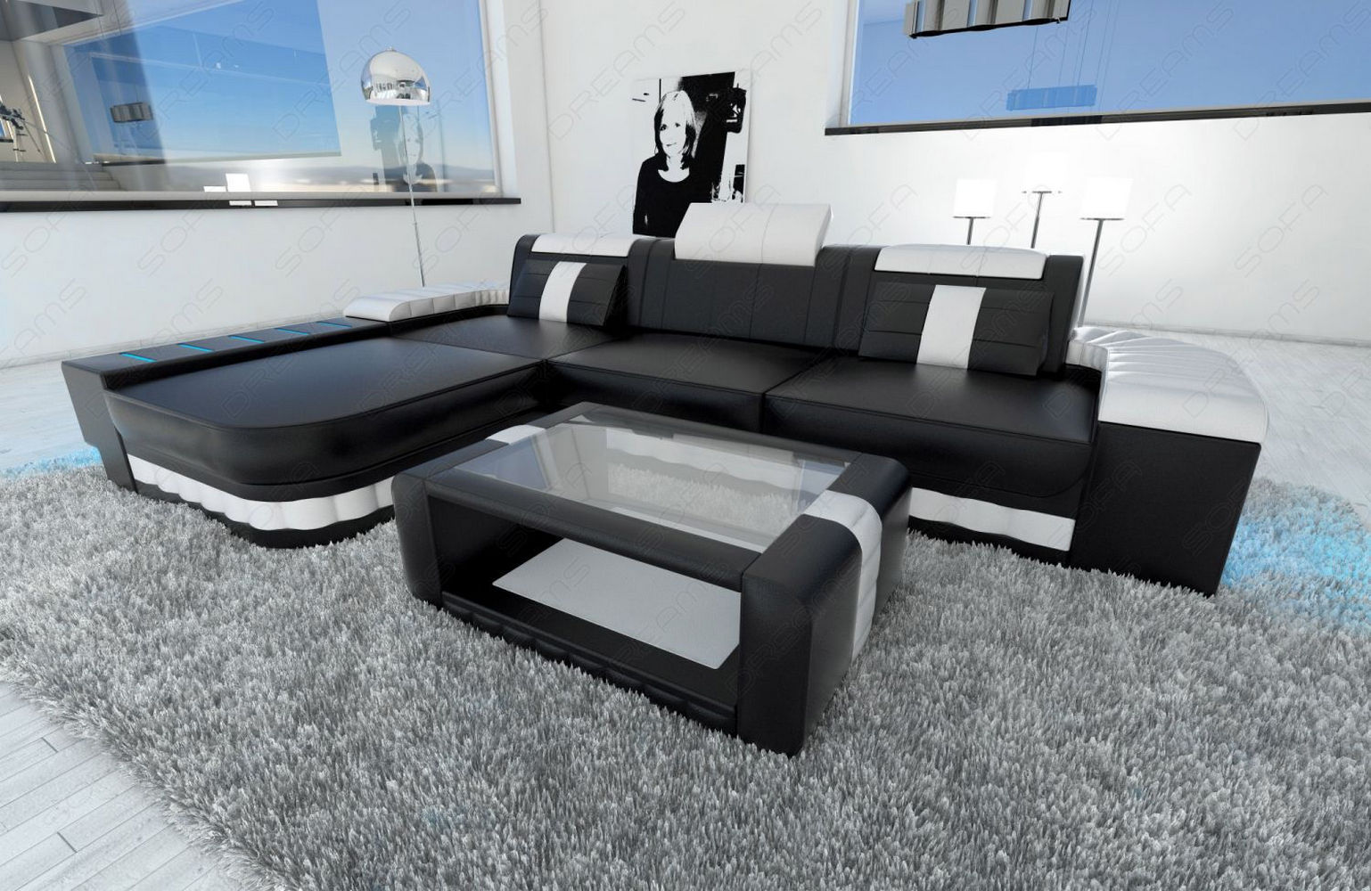 Designersofa Bellagio L-Form mit LED schwarz-weiß