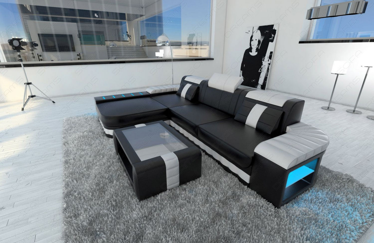Designersofa Bellagio L-Form mit LED schwarz-weiß