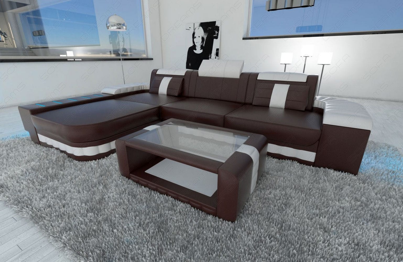Ecksofa Bellagio L Form dunkelbraun-weiß