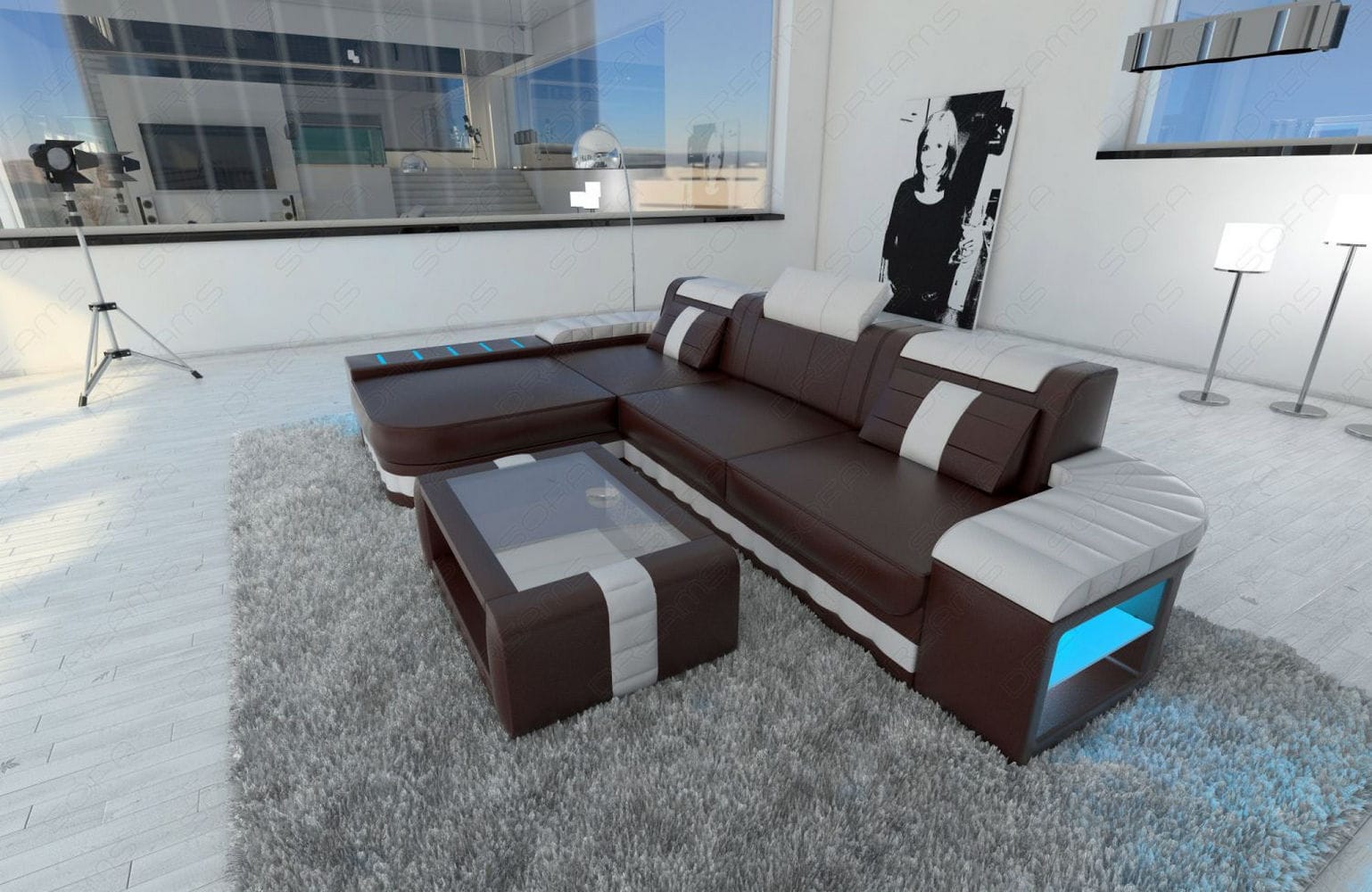 Ecksofa Bellagio L Form dunkelbraun-weiß