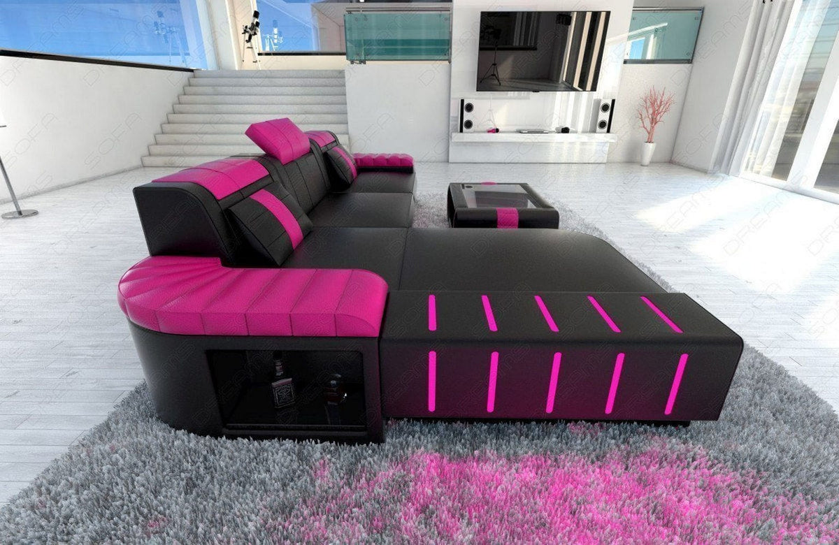 Ecksofa Bellagio L-Form in Leder schwarz-pink