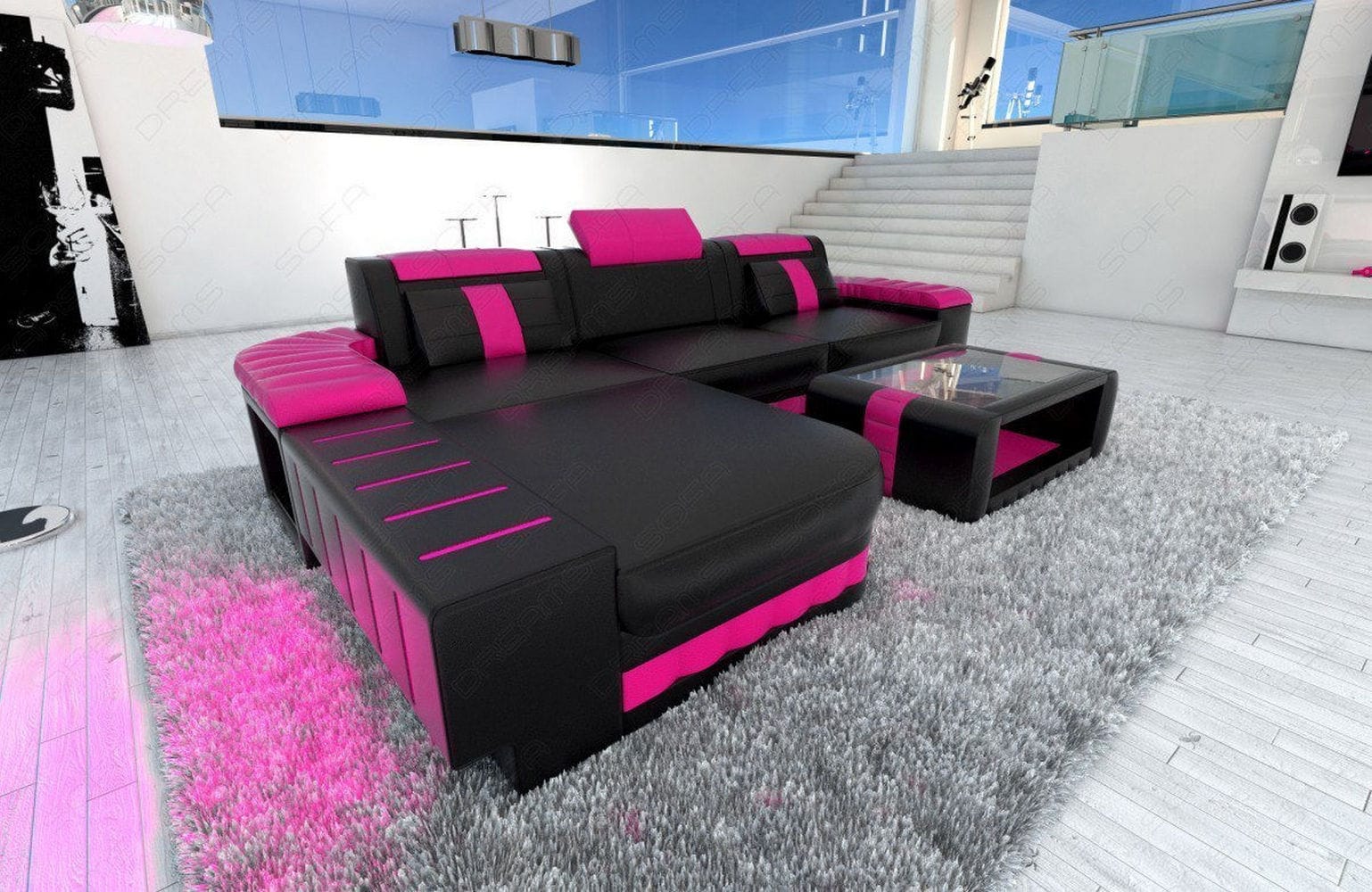 Ecksofa Bellagio L-Form in Leder schwarz-pink