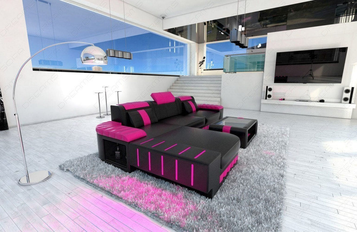 Ecksofa Bellagio L-Form in Leder schwarz-pink