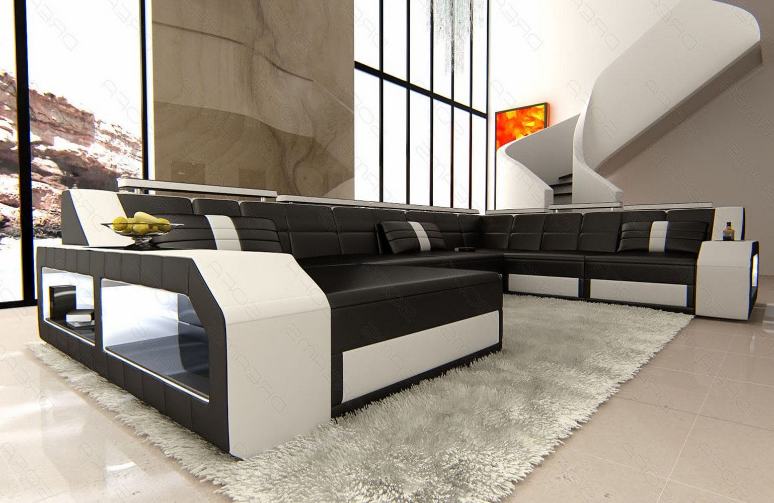 Mini XXL Wohnlandschaft Matera U-Form in Leder Schwarz-Weiß