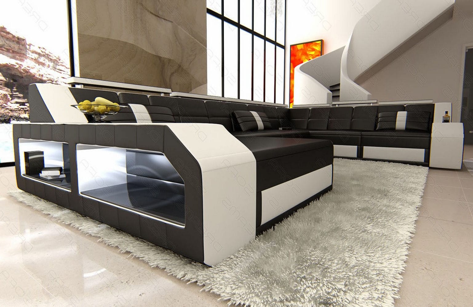 Mini XXL Wohnlandschaft Matera U-Form in Leder Schwarz-Weiß