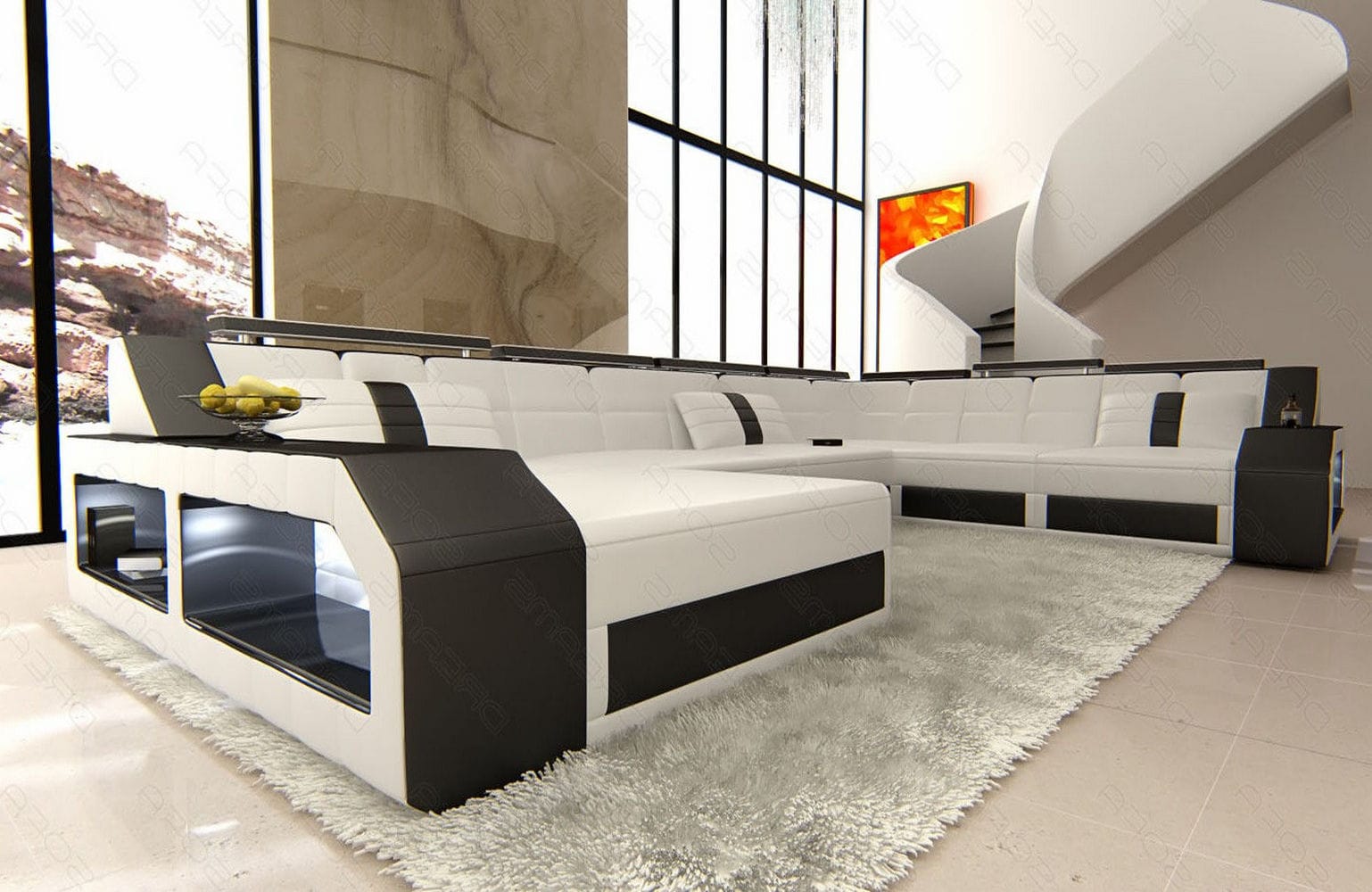 Mini XXL Wohnlandschaft Matera U-Form in Leder Weiß-Schwarz