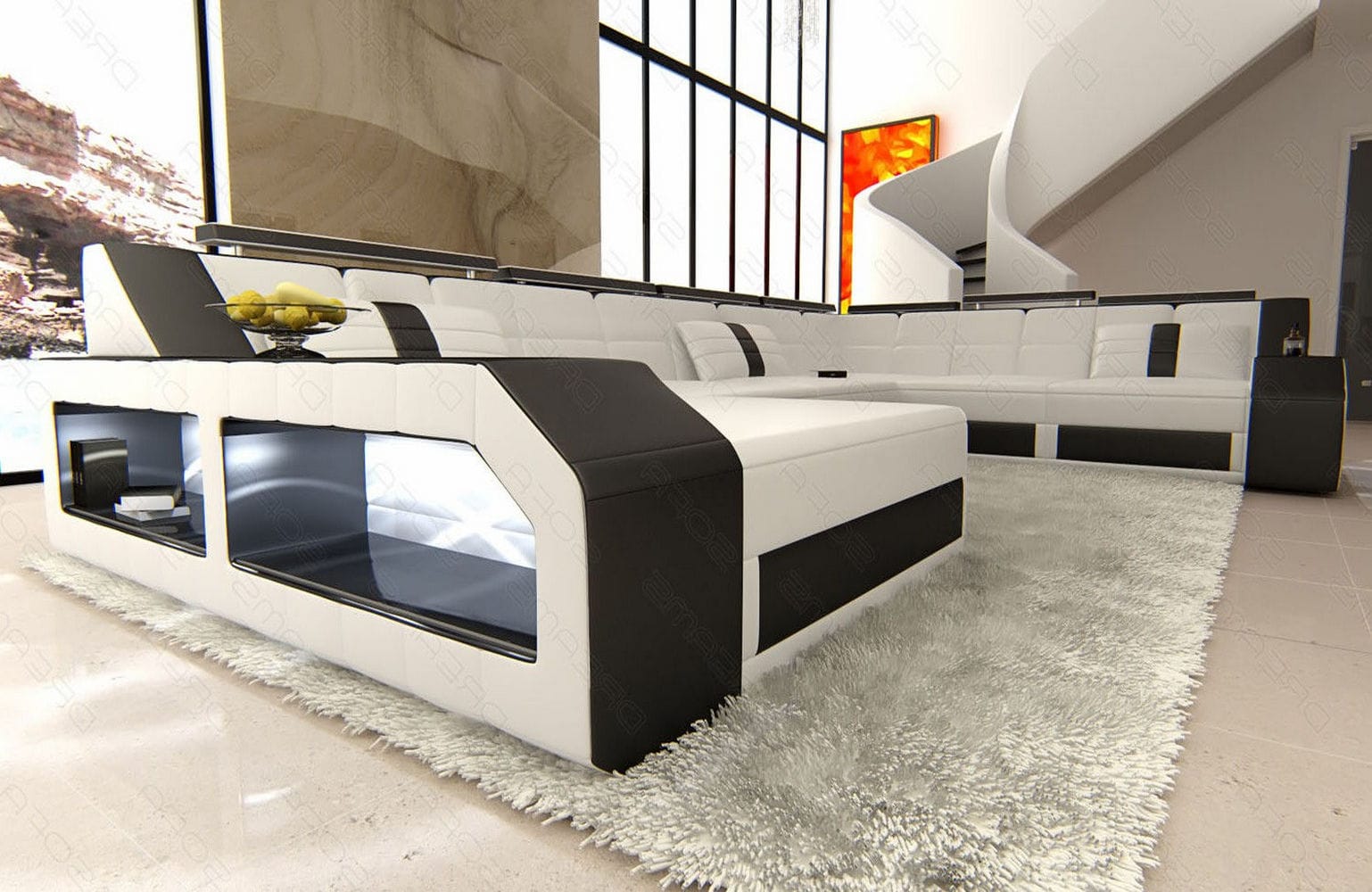 Mini XXL Wohnlandschaft Matera U-Form in Leder Weiß-Schwarz