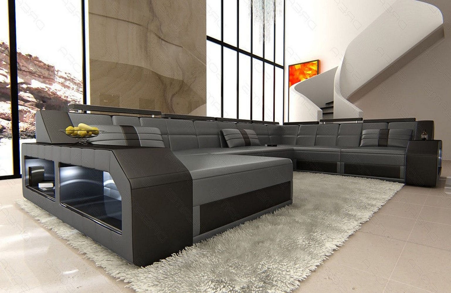 Mini XXL Wohnlandschaft Matera U-Form in Leder Grau-Schwarz