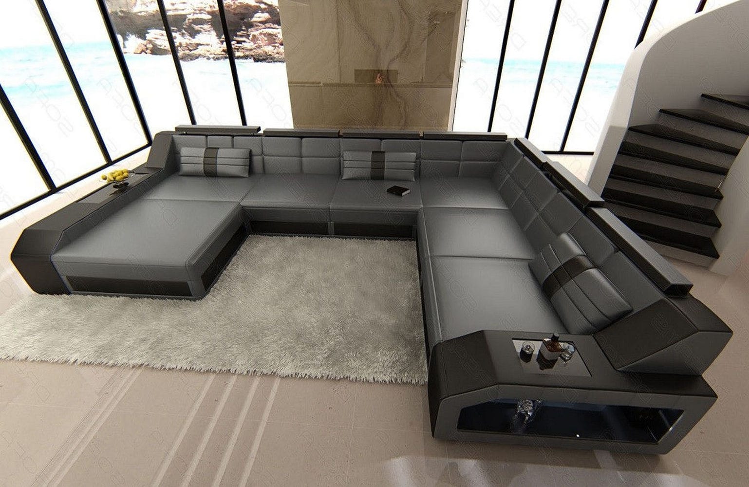 Mini XXL Wohnlandschaft Matera U-Form in Leder Grau-Schwarz