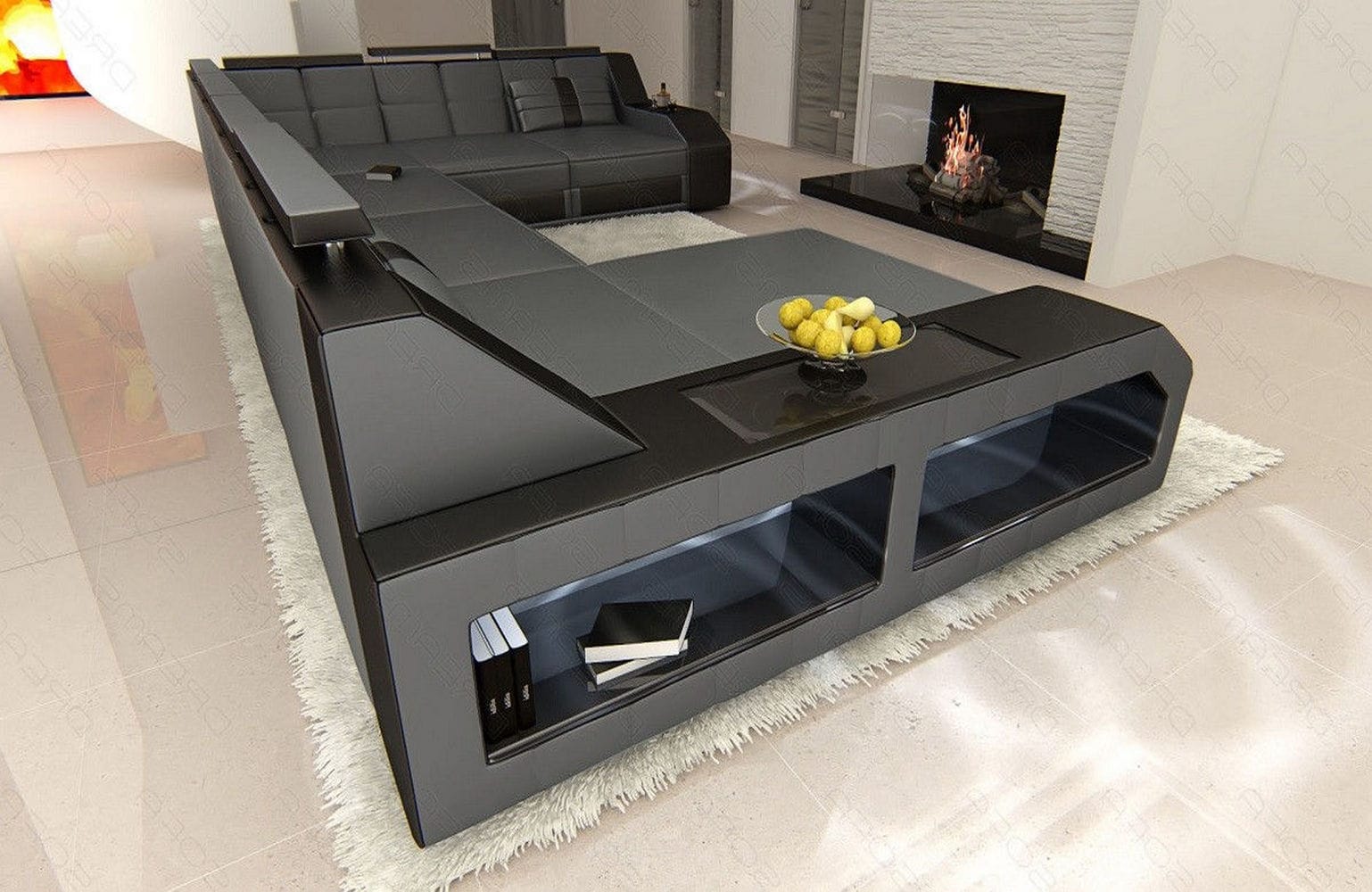 Mini XXL Wohnlandschaft Matera U-Form in Leder Grau-Schwarz