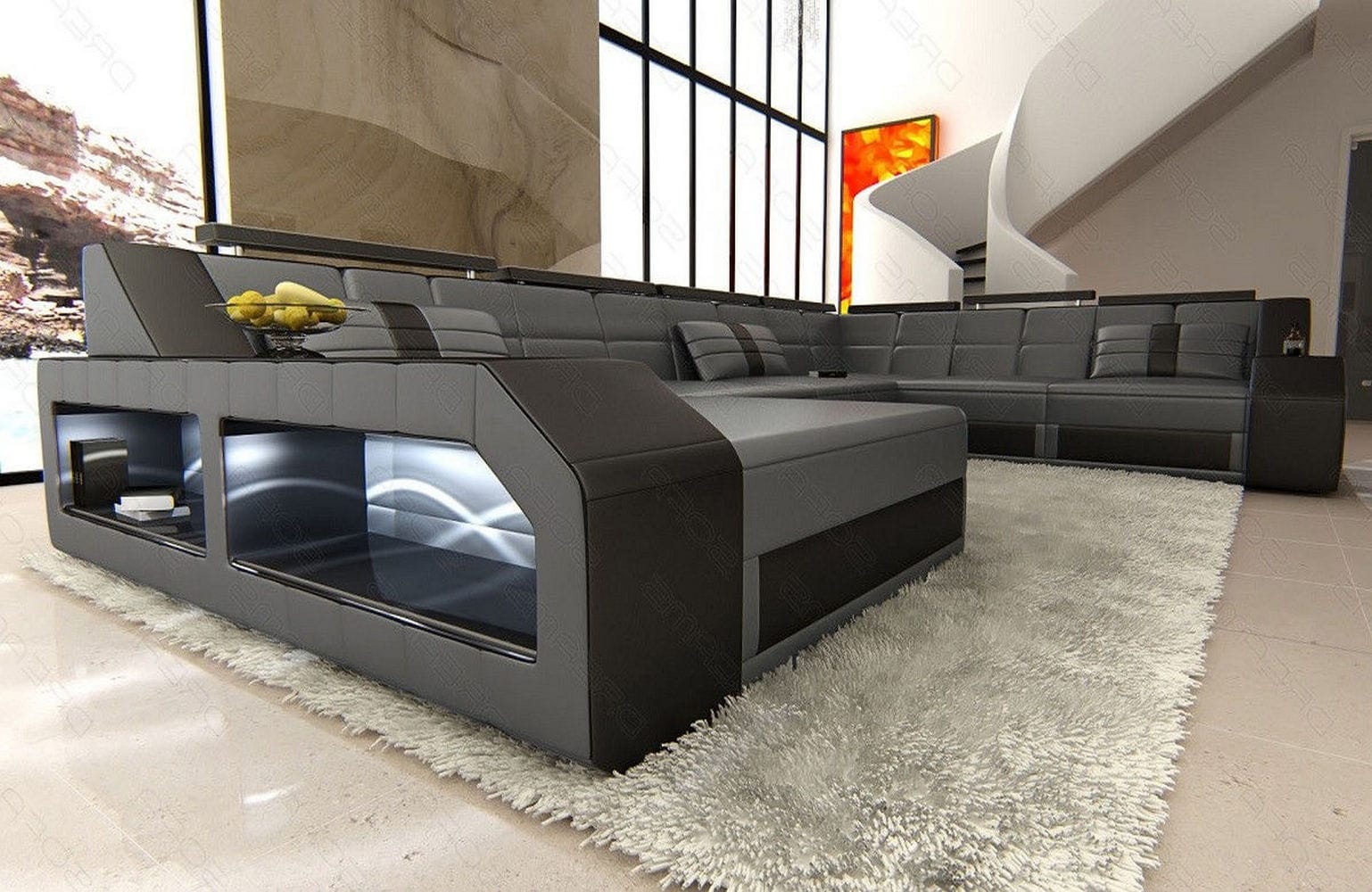 Mini XXL Wohnlandschaft Matera U-Form in Leder Grau-Schwarz