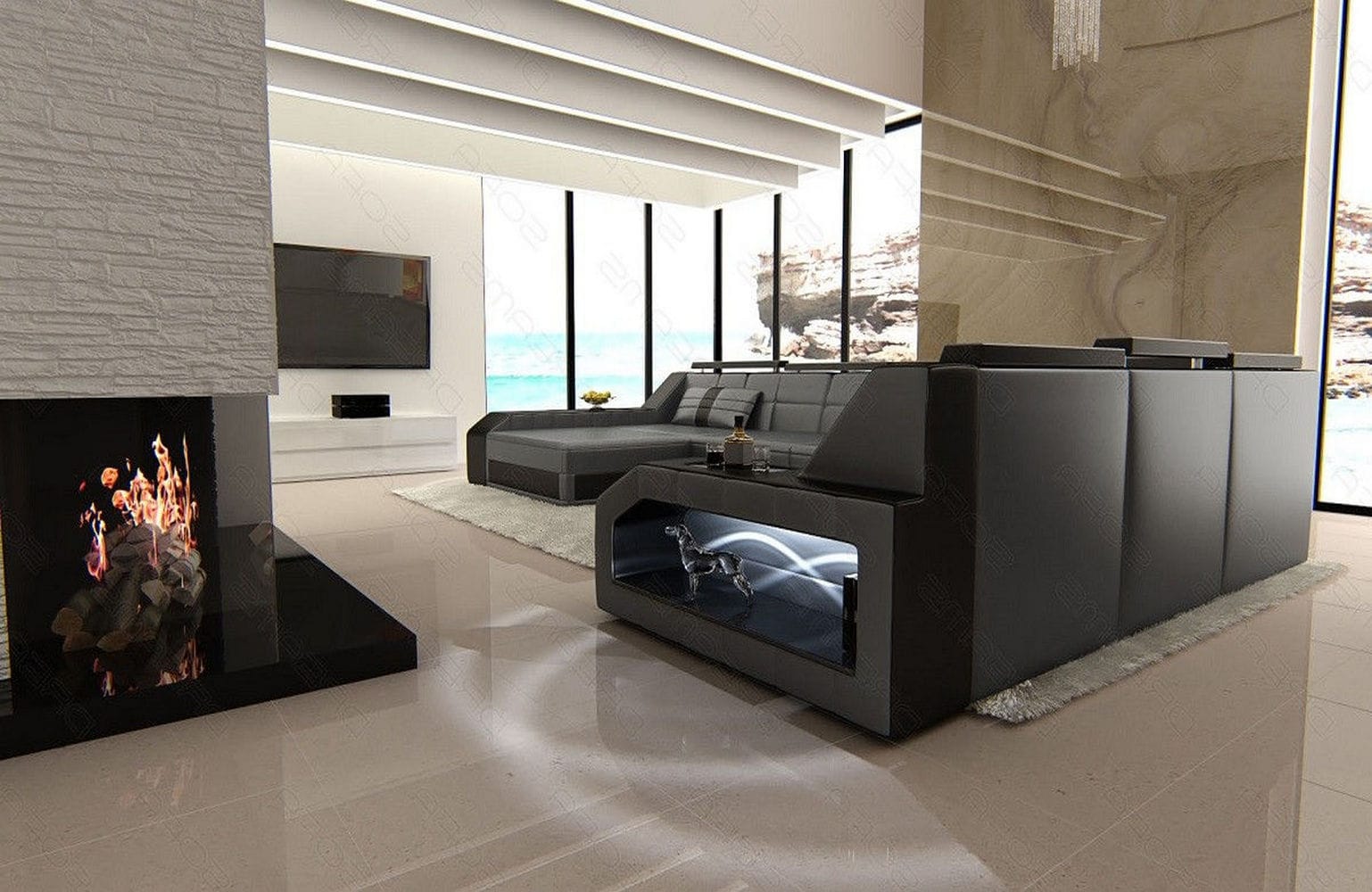 Mini XXL Wohnlandschaft Matera U-Form in Leder Grau-Schwarz