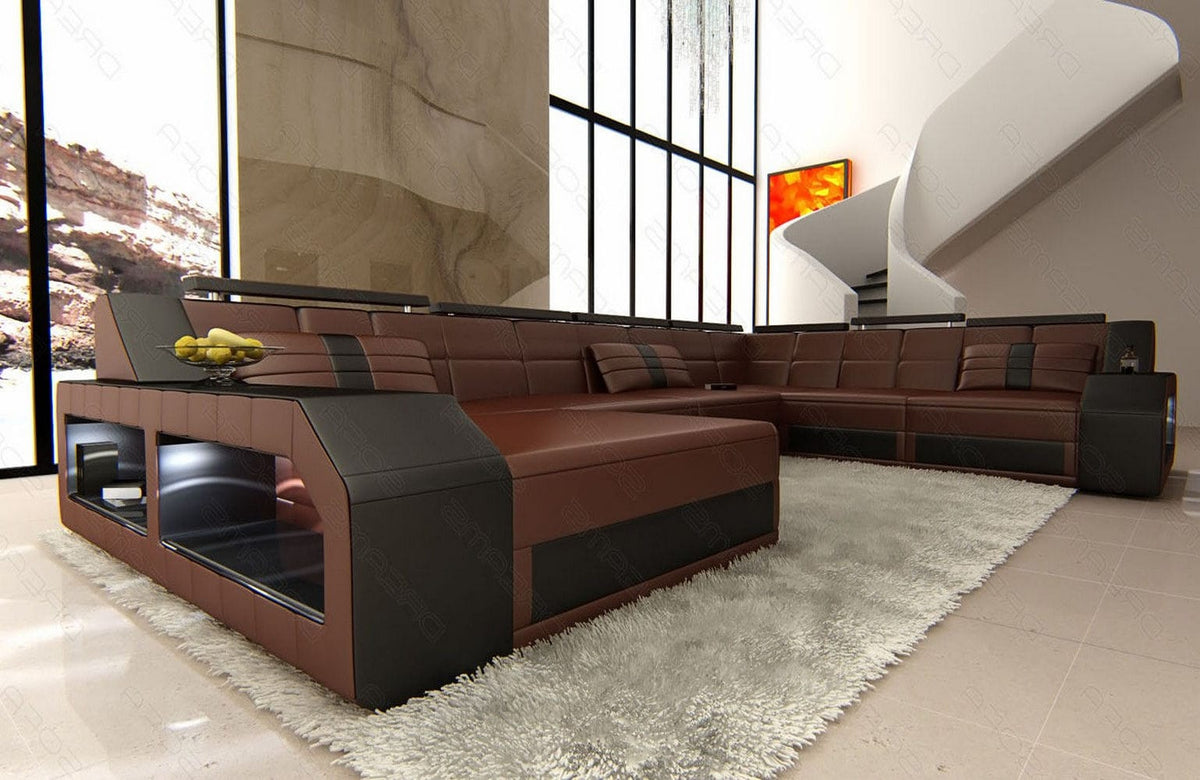 Mini XXL Wohnlandschaft Matera U-Form in Leder Dunkelbraun-Schwarz