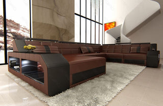 Mini XXL Wohnlandschaft Matera U-Form in Leder Dunkelbraun-Schwarz