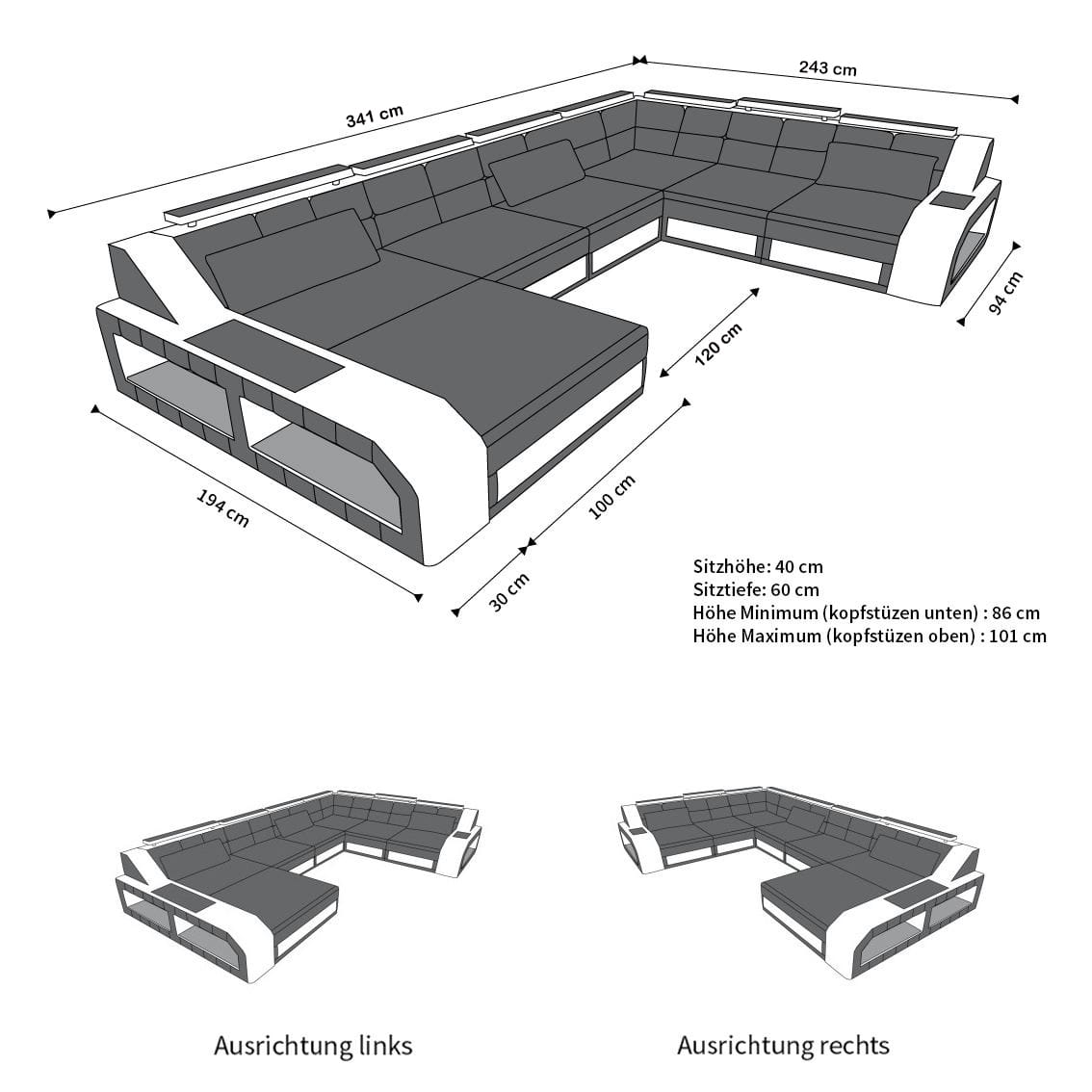 Mini XXL Wohnlandschaft Matera U-Form in Leder Dunkelbraun-Schwarz