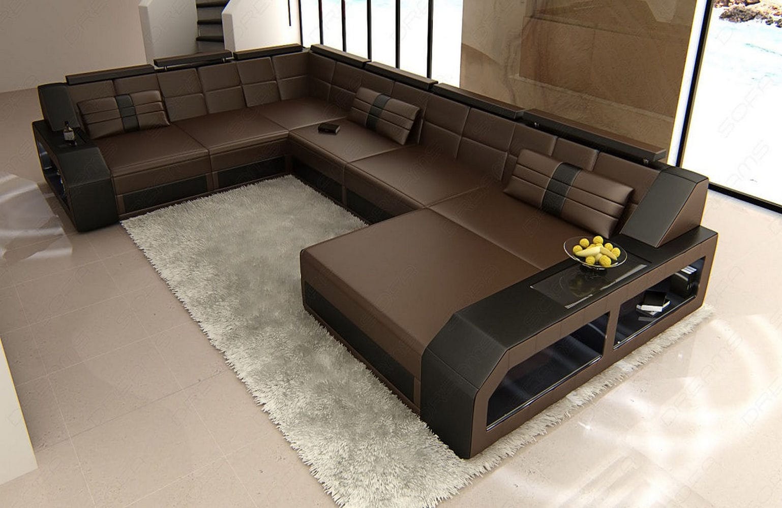 XXL Wohnlandschaft Matera U-Form aus Leder dunkelbraun-schwarz