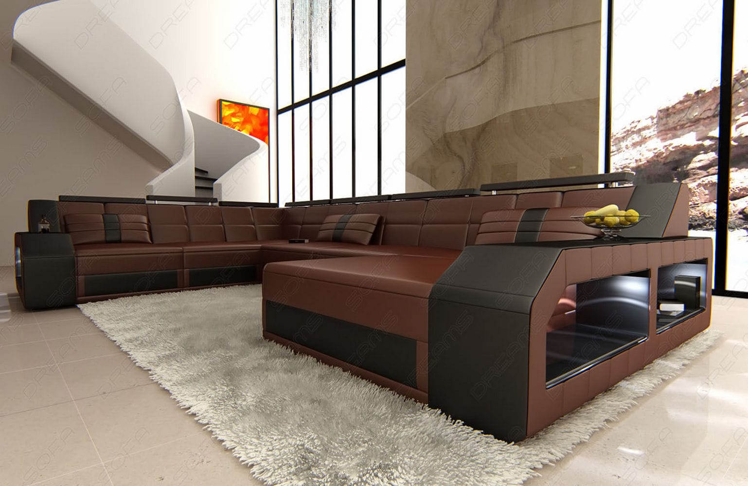 XXL Wohnlandschaft Matera U-Form aus Leder dunkelbraun-schwarz