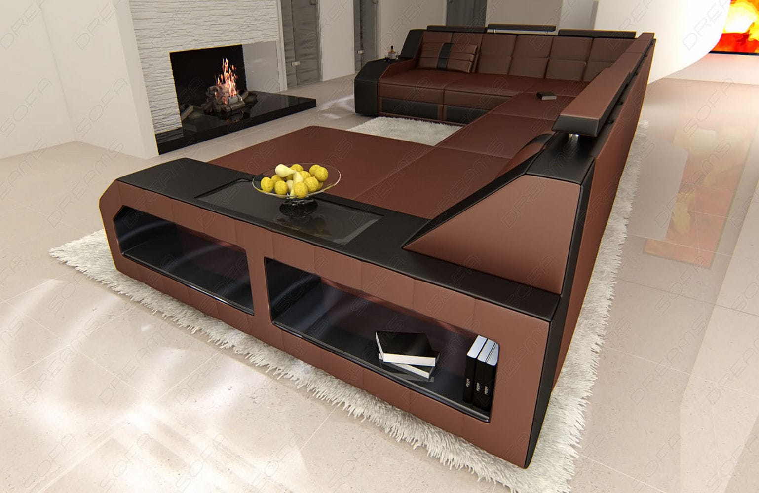 XXL Wohnlandschaft Matera U-Form aus Leder dunkelbraun-schwarz