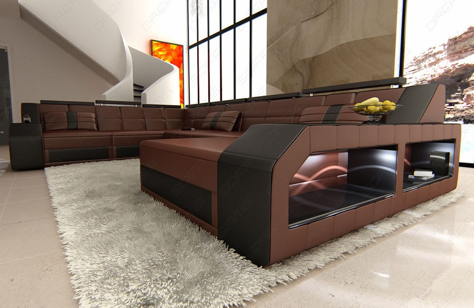 XXL Wohnlandschaft Matera U-Form aus Leder dunkelbraun-schwarz