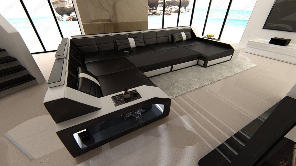 XXL Wohnlandschaft Matera U-Form aus Leder dunkelbraun-schwarz