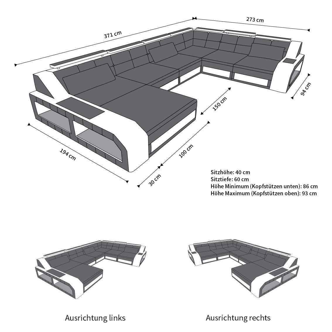 XXL Wohnlandschaft Matera U-Form aus Leder dunkelbraun-schwarz