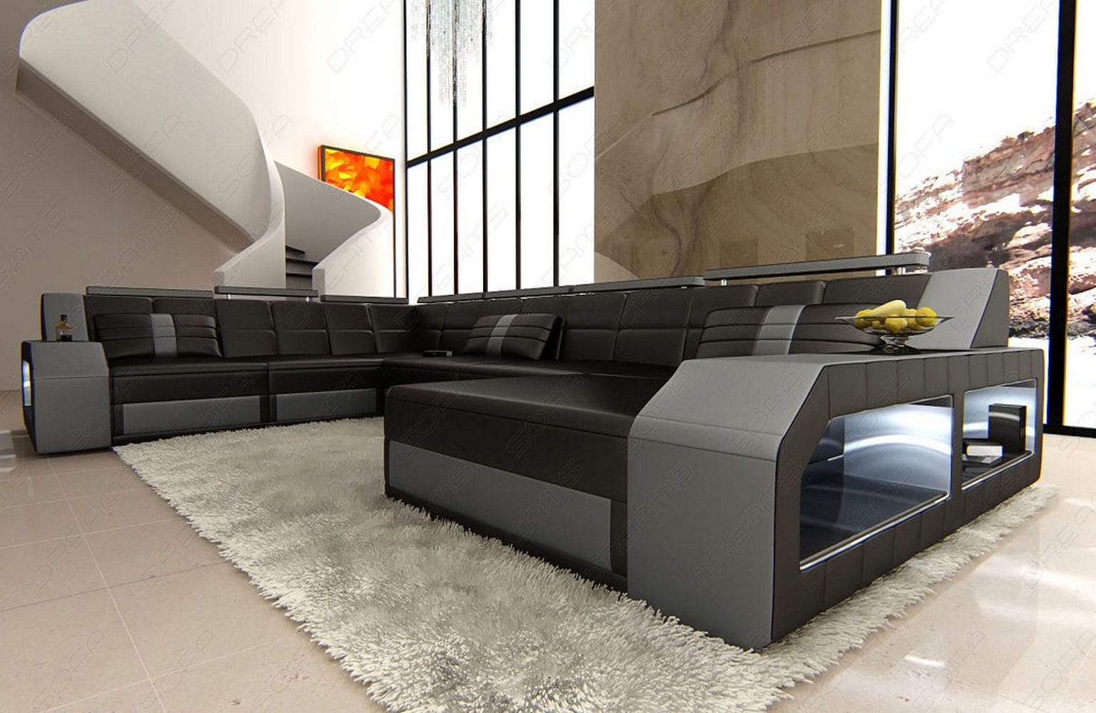 XXL Leder Wohnlandschaft Matera schwarz-grau