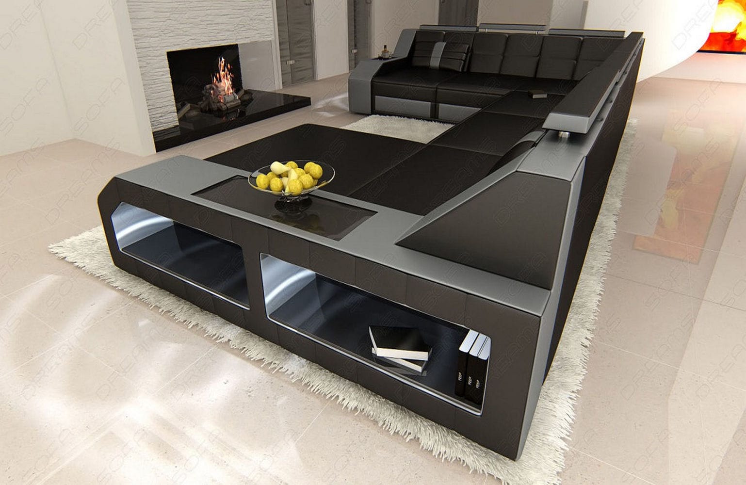 XXL Leder Wohnlandschaft Matera schwarz-grau