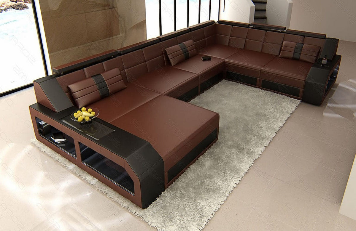 XXL Wohnlandschaft Matera U-Form aus Leder dunkelbraun-schwarz