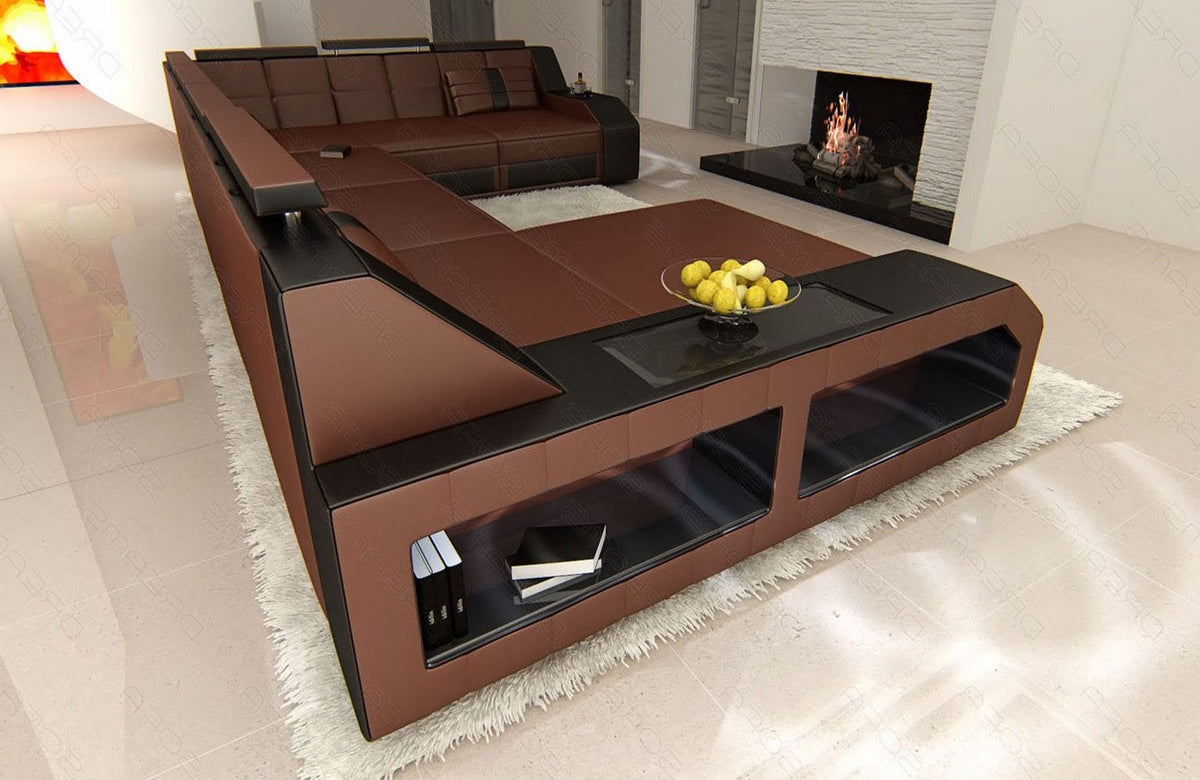 XXL Wohnlandschaft Matera U-Form aus Leder dunkelbraun-schwarz