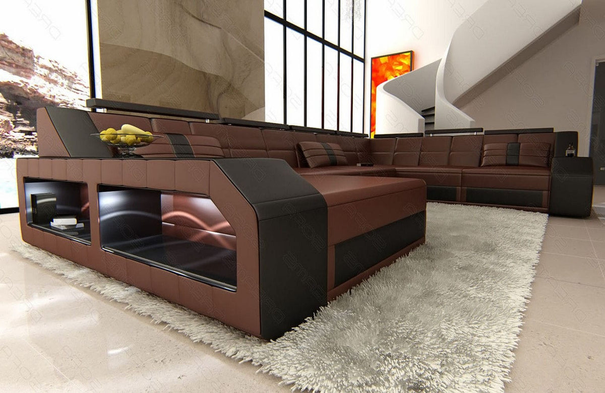 XXL Wohnlandschaft Matera U-Form aus Leder dunkelbraun-schwarz