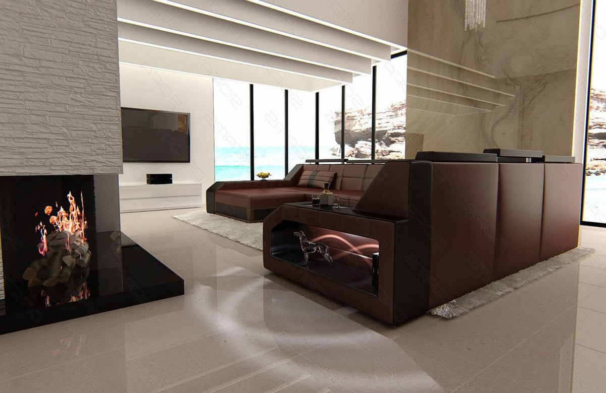 XXL Wohnlandschaft Matera U-Form aus Leder dunkelbraun-schwarz