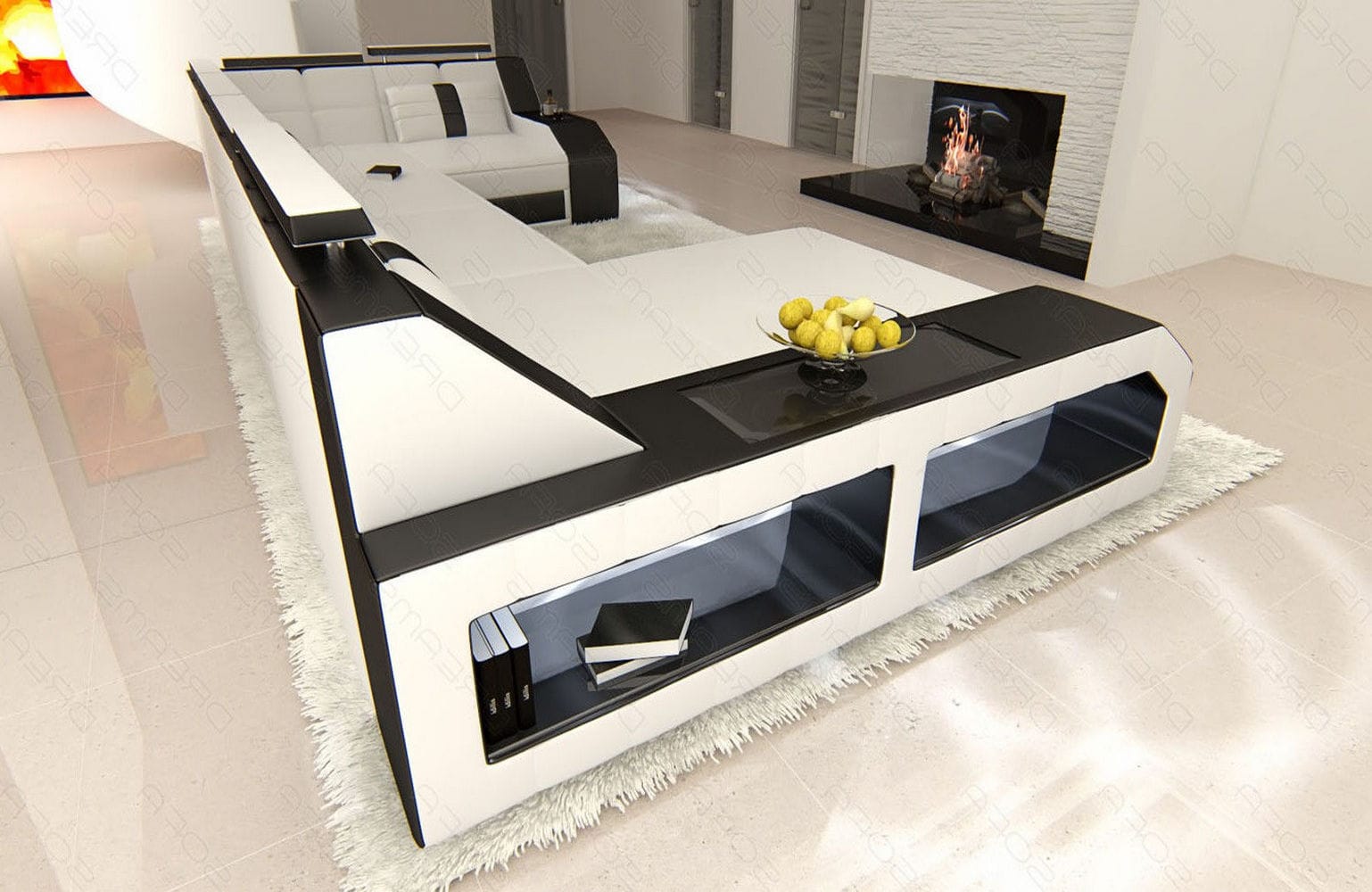 Leder Wohnlandschaft Arezzo mit LED weiß-schwarz